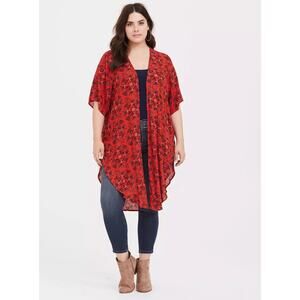Torrid Red Medallion Crepe Open Front Kimono Sz 1/2 Rayon Floral Mandala Boho